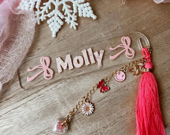 Pink Bow Coquette Acrylic Bookmark with Charm | Custom Name | Mother's Day Gift
