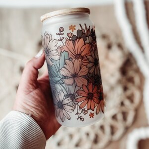 Iced Coffee Glass // Floral Can Glass // Fall Glass Cup // Boho Beer Can Glass // Aesthetic Coffee Glass // Beer Can Glass With Lid