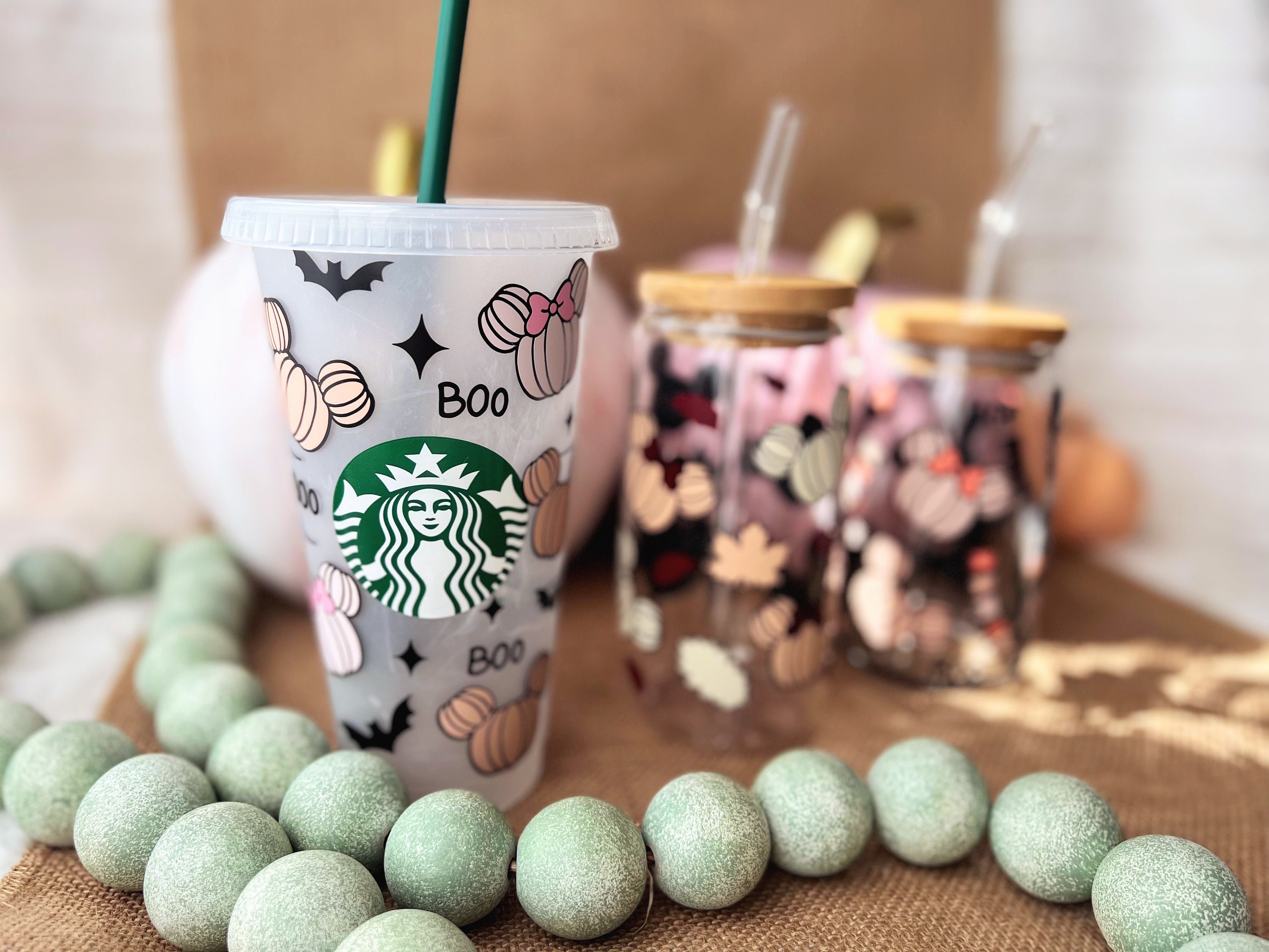 Starbucks Cold Cup Venti and Grande Starbucks Cups Retro Pumpkin Mouse Ears  Halloween Theme Pastel Color Tumbler 