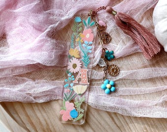 Personalized Floral Initial Bookmark | Pastel Wildflower Acrylic Bookmark with Charm