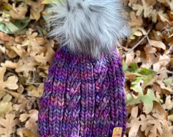 Hand Knit Merino Wool Chunky Beanie | Faux Fur Pom Pom