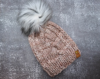 Hand Knit Merino Wool Beanie with Faux Fur Pom Pom – Luxury Winter Hat