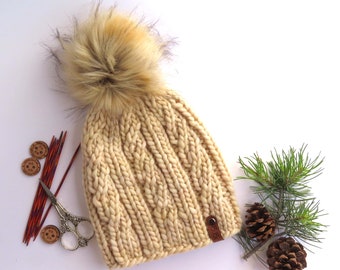 Hand Knit Chunky Merino Wool Beanie | Faux Fur Pom Pom