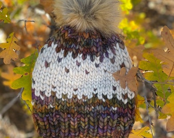 Hand Knit Merino Wool Beanie | Chunky Knit Hat with Faux Fur Pom