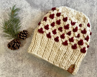 Hand Knit Merino Wool Chunky Beanie | Faux Suede Tag