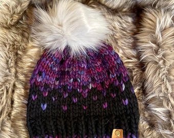 Hand Knit Merino Wool Beanie | Chunky Knit Hat with Faux Fur Pom