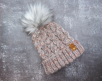 Hand Knit Merino Wool Chunky Beanie | Faux Fur Pom Pom