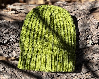 Hand Knit Snow Carved Beanie | Malabrigo Rios Wool Toque, Folded Brim, Vibrant Green
