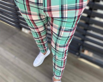 ZXFHZS Mens Plaid Trousers Long Casual Hip Hop Pencil Pant Ankle-Length