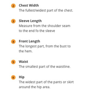 May include: Image detailing clothing measurement points: cross shoulder, chest width, sleeve length, front length, waist, hip, and pants length. Each point is described with a brief explanation to aid in accurate measurements.