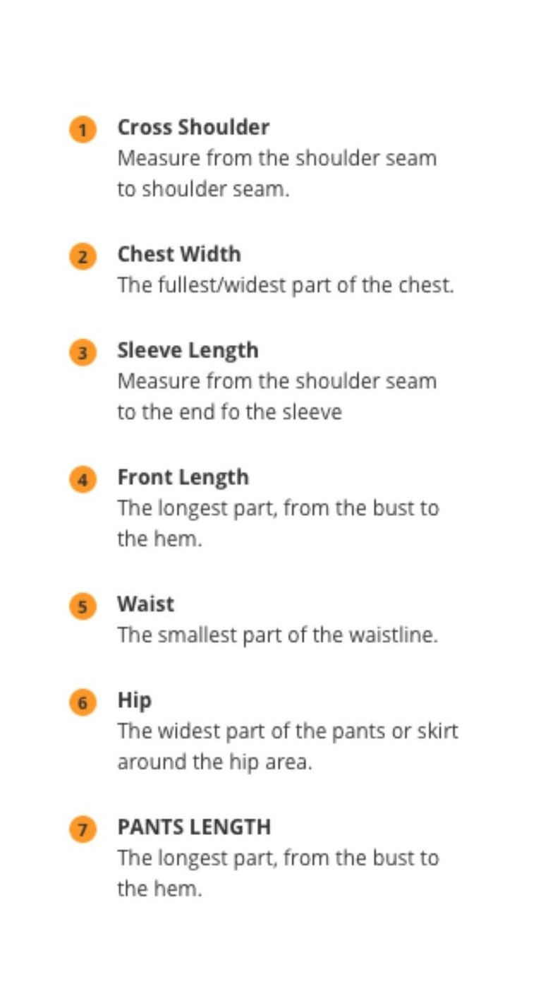 May include: Image detailing clothing measurement points: cross shoulder, chest width, sleeve length, front length, waist, hip, and pants length. Each point is described with a brief explanation to aid in accurate measurements.