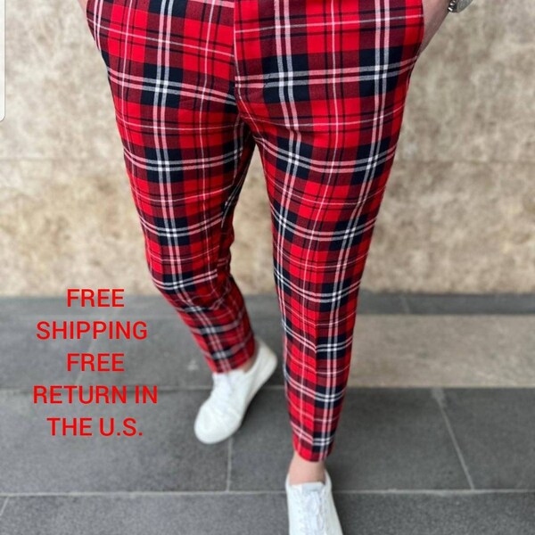 Men Plaid Fancy Pants, Shipping from TEXAS. Gentlemen pants, Tartan pants, Sport leather, Man Casual trousers, stock Ritchie pants,Tracksuit