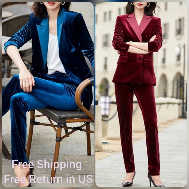 May include: Two velvet suits. One is a deep blue with a contrasting teal lapel and matching pants. The other is a burgundy suit with a contrasting pink lapel and matching pants. Both suits have a double-breasted blazer.