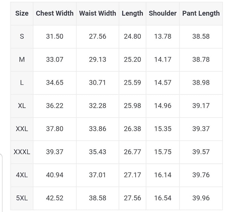 K&ouml;nnte beinhalten: Gr&ouml;&szlig;entabelle f&uuml;r Kleidung mit Ma&szlig;en in Zoll f&uuml;r Brustweite, Taillenweite, L&auml;nge, Schulter und Hosenl&auml;nge. Die Gr&ouml;&szlig;en umfassen S, M, L, XL, XXL, XXXL, 4XL und 5XL.