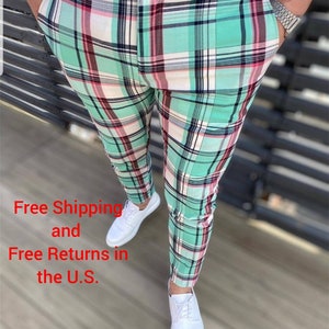 Men Plaid Fancy Pants, Shipping from TEXAS. Gentlemen pants, Tartan pants, Sport leather, Man Casual trousers, stock Ritchie pants,Tracksuit