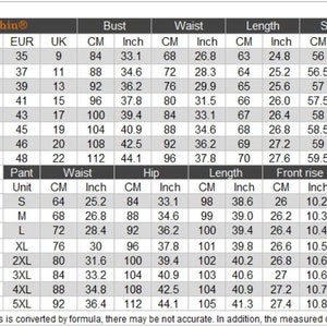 May include: A detailed size chart for blazers and pants, including measurements in inches and centimeters. The chart provides sizes from S to 5XL, with bust, waist, length, sleeve, and shoulder measurements.