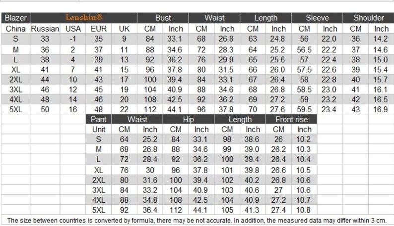 May include: A detailed size chart for blazers and pants, including measurements in inches and centimeters. The chart provides sizes from S to 5XL, with bust, waist, length, sleeve, and shoulder measurements.