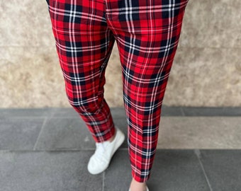 Men Plaid Fancy Pants, Shipping from TEXAS. Gentlemen pants, Tartan pants, Sport leather, Man Casual trousers, stock Ritchie pants,Tracksuit