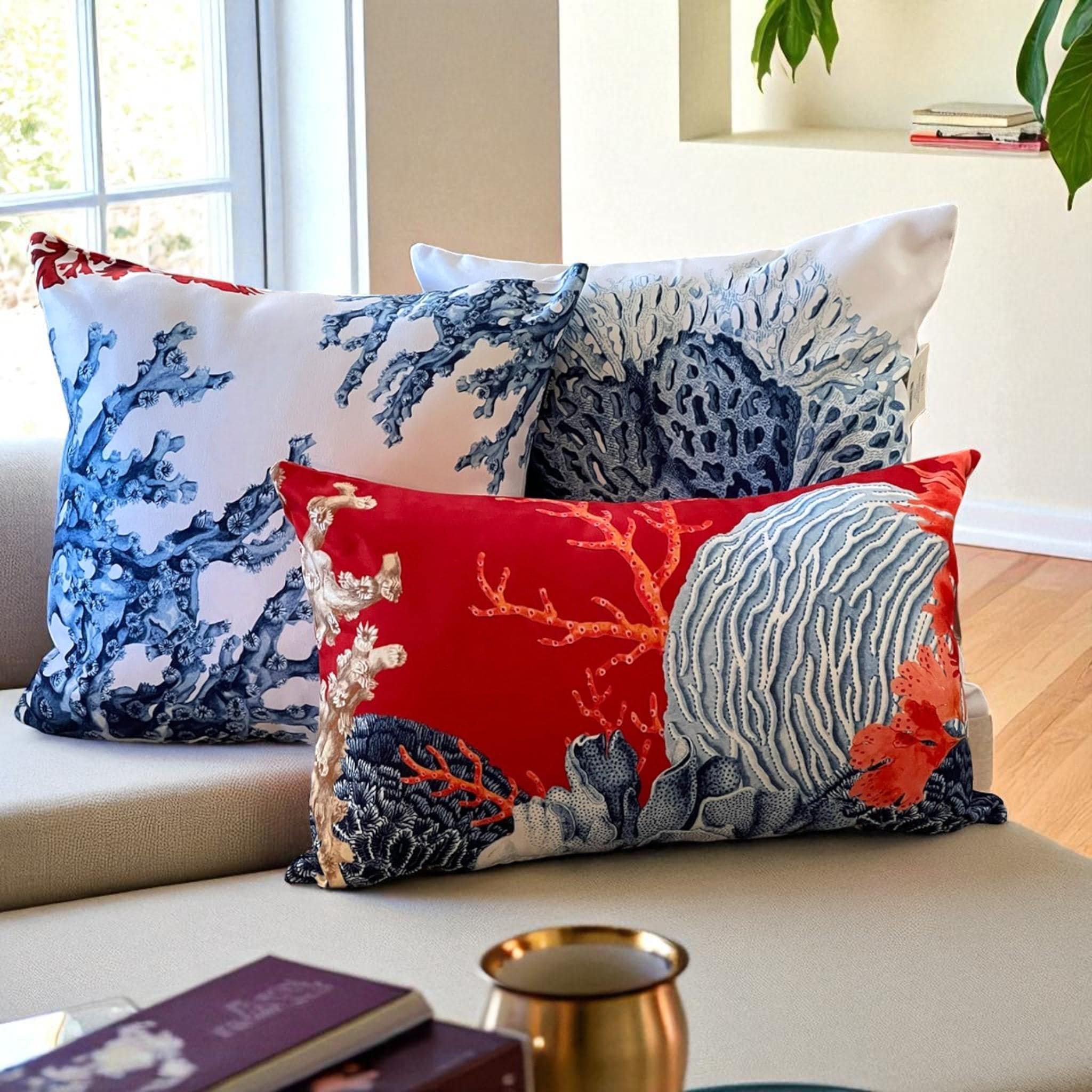 Set of Ocean Coral Pillow Covers, Nautical Coastal Cushion Covers in Red, Blue & White for Beach House Decor, Sea Life Throw Pillowcases