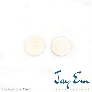 May include: Two 12mm unfinished wood circles, ideal for crafting projects. Size in picture: 12mm. Jay Em Laser Designs.