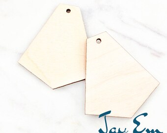 May include: Two unfinished wooden geometric tags, each with a small hole at the top for hanging. The tags are approximately 3.8 cm in size and have a natural wood grain finish. The bottom right corner of the image has the text "Jay Em Laser Designs".
