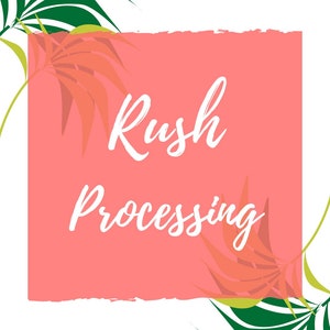 May include: A pink square with a white, textured border and the text "Rush Processing" in white cursive font. The square is surrounded by green and orange palm leaves.