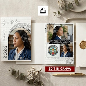 Op de afbeelding: Een afstudeeraankondiging met een foto van een afgestudeerde, met de tekst "Gina Maluia" en "Hawaii Academy of Learning". Het ontwerp bevat tribale patronen en het jaar "2026".