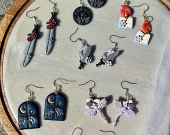 Fantasy Polymer Clay Earrings: Dragon, Dagger, Book, Moon and Nature Jewelry