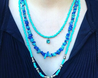 Three-tiered Aqua Necklace with Multi-stone Beads