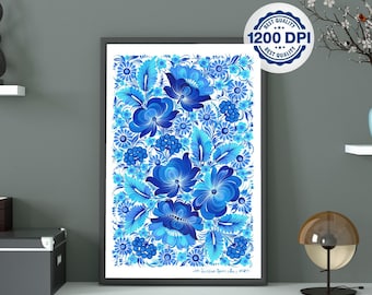 May include: A framed floral print featuring a vibrant blue and white floral design. The artwork is displayed on a white cabinet, with a black sculpture, decorative boxes, and a lamp nearby. A sticker indicates the print is 1200 DPI.