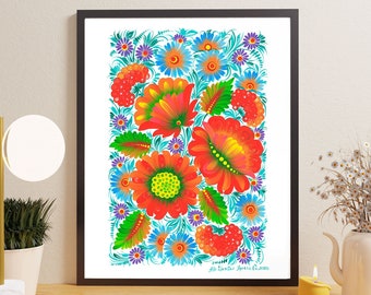 Flower composition with Petrykivka painting "Red flowers", Ukrainian digital art, Solidarity Ukraine, Love Ukraine, Ukraine sellers