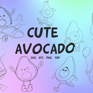 May include: A collection of cute avocado illustrations in black and white, each with a unique personality. One avocado is flying a plane, another is skateboarding, and others are engaged in various activities. The text "CUTE AVOCADO" is displayed.