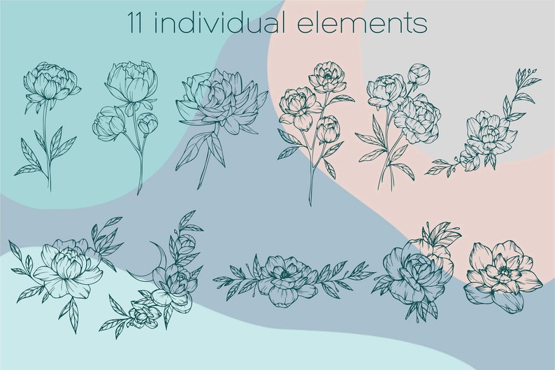 Peony Bouquet SVG, Peonies AI Elements, Botanical Clipart, Hand Drawn EPS Illustration, Flowers And Leaves png, Files For Cricut