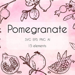 Pomegranate SVG, Hand Drawn Pomegranates PNG Illustration, Instant Download, Botanical Clipart, Leaves EPS, 15 Individual Svg Elements