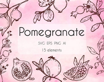 Granat SVG, ręcznie rysowane granaty PNG ilustracja, natychmiastowe pobieranie, botaniczne clipart, liście EPS, 15 indywidualnych elementów SVG