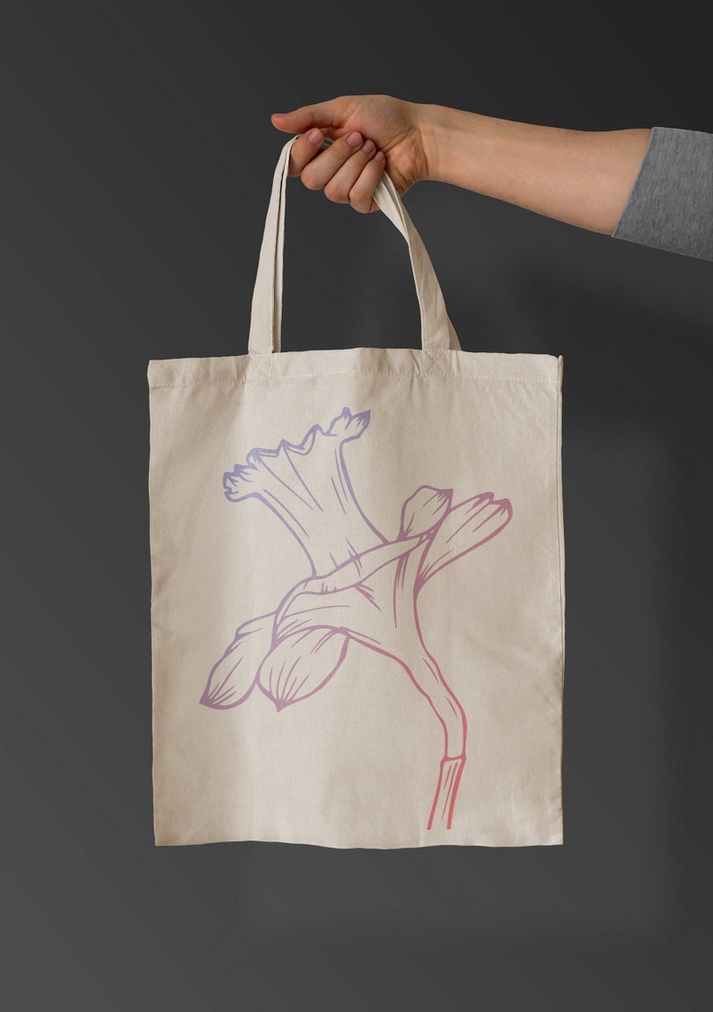 May include: A white canvas tote bag featuring a pink and purple outline of a daffodil flower.