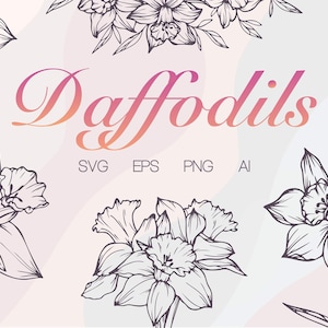 Daffodil Flower SVG Art, Hand Painting Narcissus PNG Bundle, Wedding Flowers Clipart, Minimalist Flowers Set, Simple Birth Flower Svg