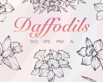 Daffodil Flower SVG Art, Hand Painting Narcissus PNG Bundle, Wedding Flowers Clipart, Minimalist Flowers Set, Simple Birth Flower Svg
