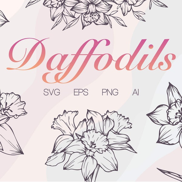 Jonquille fleur SVG Art, peinture à la main Narcisse PNG Bundle, mariage fleurs Clipart, ensemble de fleurs minimaliste, simple naissance fleur Svg