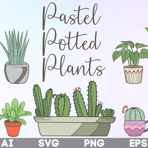 May include: A colourful illustration featuring a selection of potted plants. The image showcases diverse plants, including cacti and leafy greens, each in a decorative pot. The text reads "Pastel Potted Plants" with file type icons below.