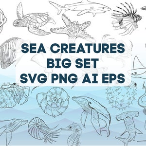 Pakiet SVG Stworzeń Morskich, Ryby Morskie PNG, Stworzenia Pod Morzem, Minimalistyczny Zestaw Projektów Oceanicznych, Ilustracja Zwierząt Oceanicznych, Pobieranie Cyfrowe