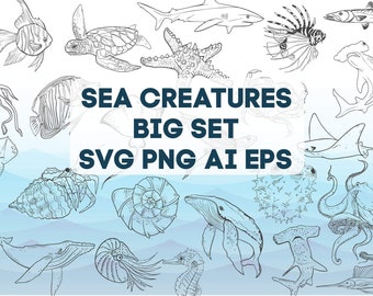Sea Creatures SVG Bundle, Sea Life Fish PNG, Under The Sea Creatures, Minimal Ocean Design Set, Ocean Animals Illustration, Digital Download