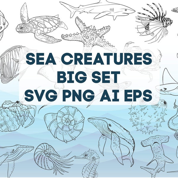 Sea Creatures SVG Bundle, Sea Life Fish PNG, Under The Sea Creatures, Minimal Ocean Design Set, Ocean Animals Illustration, Digital Download