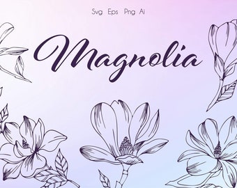 File SVG Magnolia, 10 elementi EPS di alta qualità, illustrazione Ai disegnata a mano, download istantaneo, Clipart botanico, fiori e foglie PNG