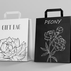 May include: Two white gift bags with black handles and black line drawings of peonies. One bag says "GIFT BAG" and the other says "PEONY".