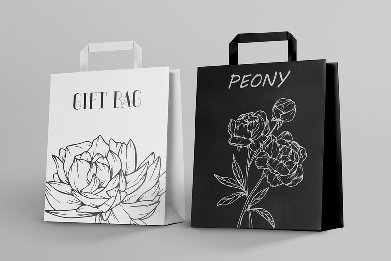 May include: Two white gift bags with black handles and black line drawings of peonies. One bag says "GIFT BAG" and the other says "PEONY".