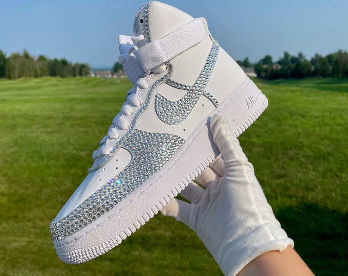 Premium Crystal Nike Air Force 1 Highs with Crystal Toe, Swooshes, and Seamlines.