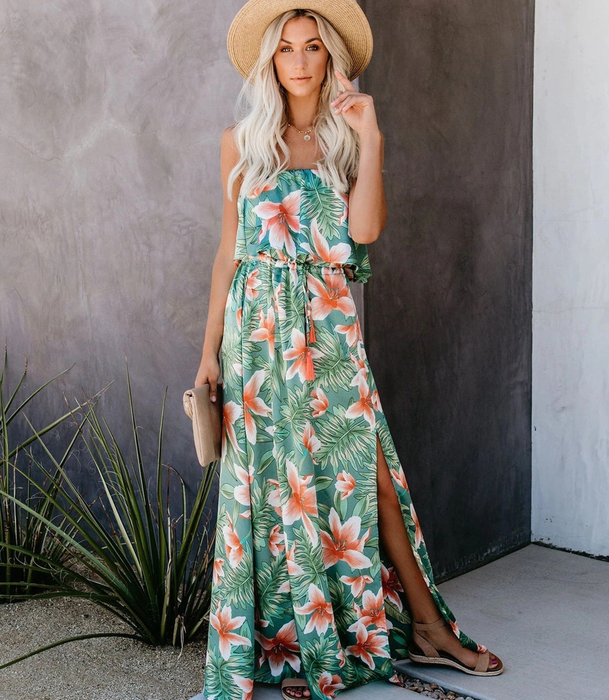 Boho Floral Print Maxi Dress Strapless Long Maxi Dress With - Etsy