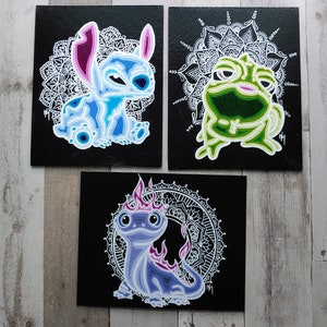 Disney Sidekick Mandala paintings!! Bruni, Stitch, Pascal