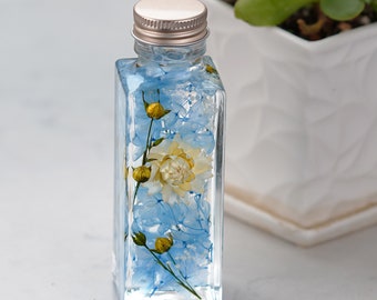 Blue herbarium bottle, herbarium bottle, Japanese herbarium, unique gift for her, dried flowers in a bottle, blue herbarium, herbarium